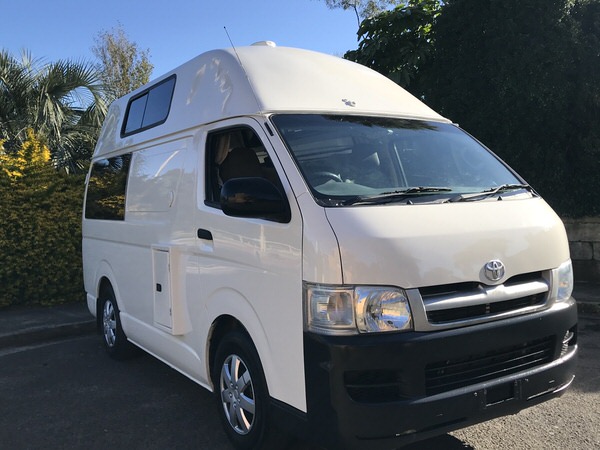 Ex-hire used campervans for Sale Sydney | front side angle view of a Toyota Hiace Campervan