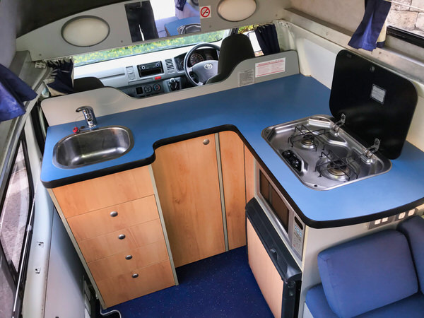 View of the kitchen inside this Toyota Hiace Campervan