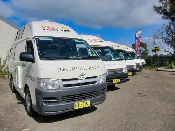 Used Toyota Hiace campervans for sale in Sydney. Photo showing a row of campervan all lined up for sale at Travelwheels Campervan Sales yard in Botany, Sydney Australia